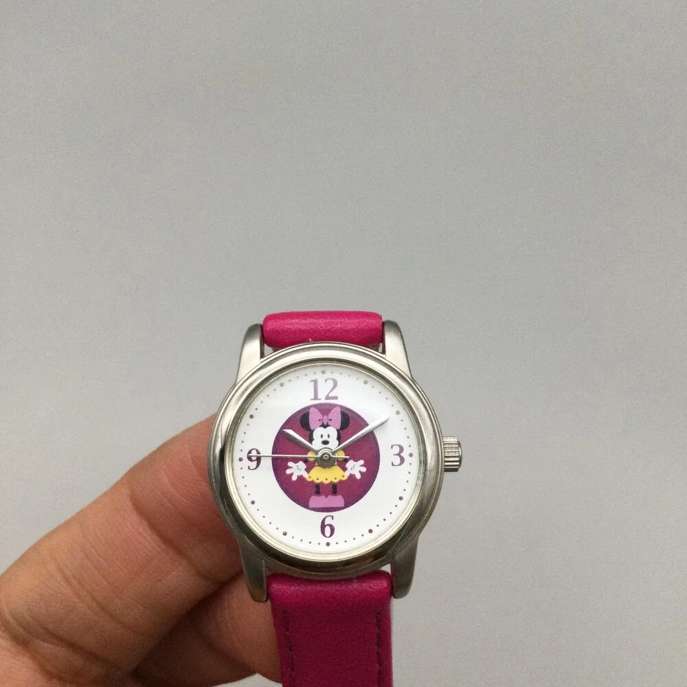 Disney Minnie Mouse Girls Watch 23mm Silver Tone Pink Leather MCO242 New Battery